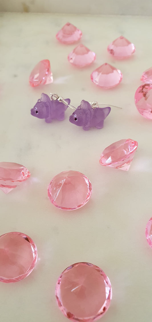 Dainty Purple Fluorescent Triceratops Set of Earrings - Small