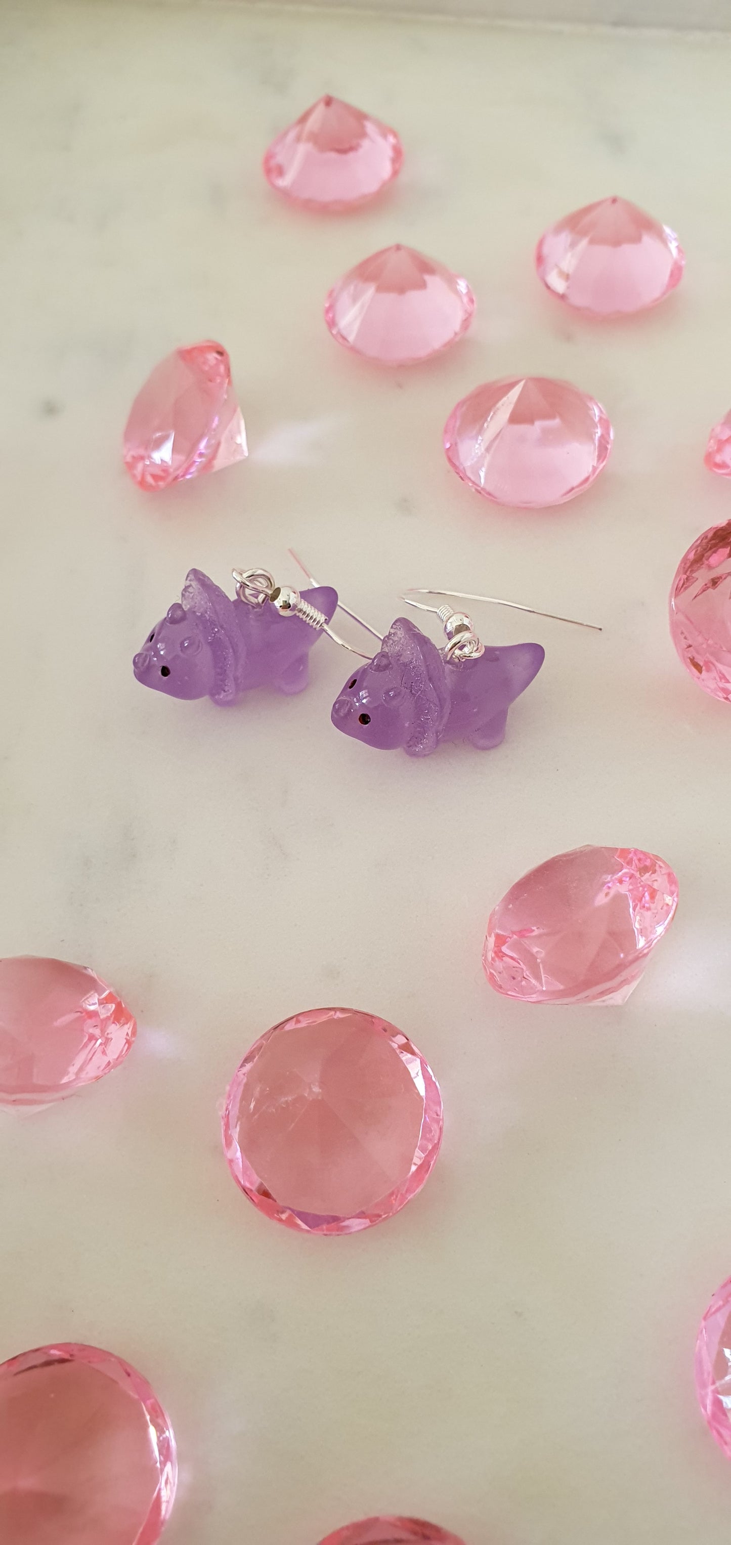 Dainty Purple Fluorescent Triceratops Set of Earrings - Small