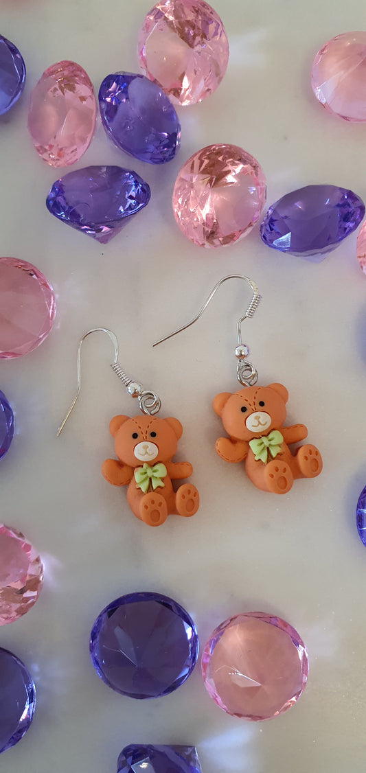 Stitched Orange Teddy Bear Set of Earrings