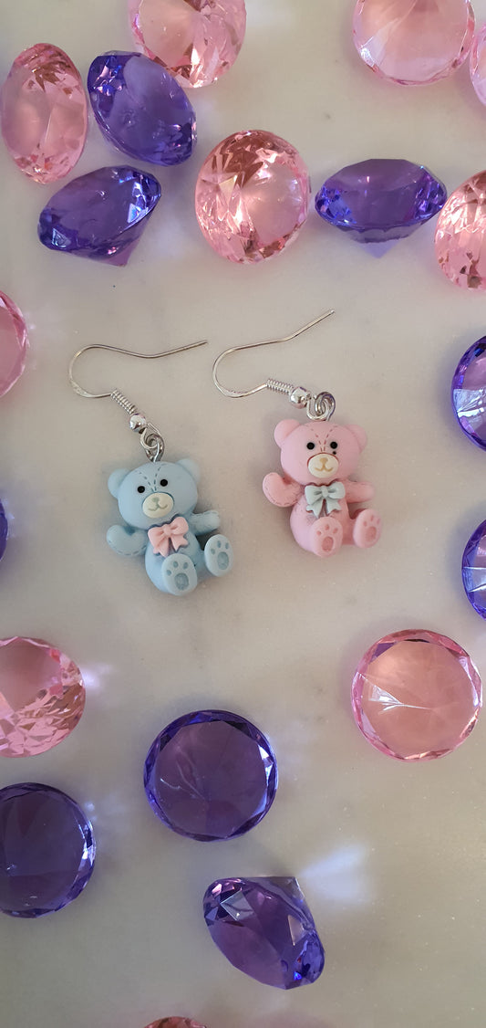 Stitched Blue & Pink Teddy Bear Set of Earrings