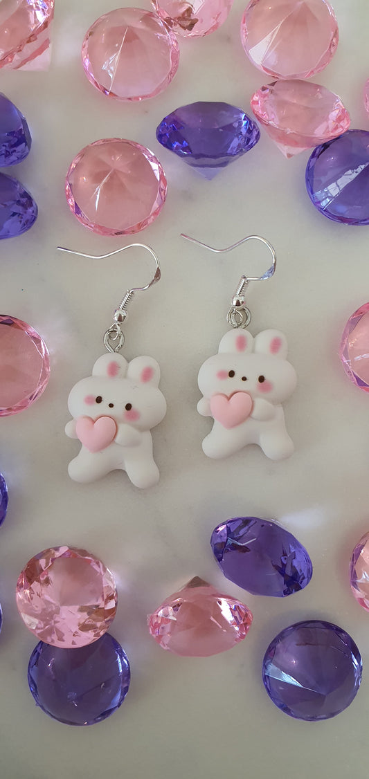 Kawaii White Love Heart Rabbit Set of Earrings