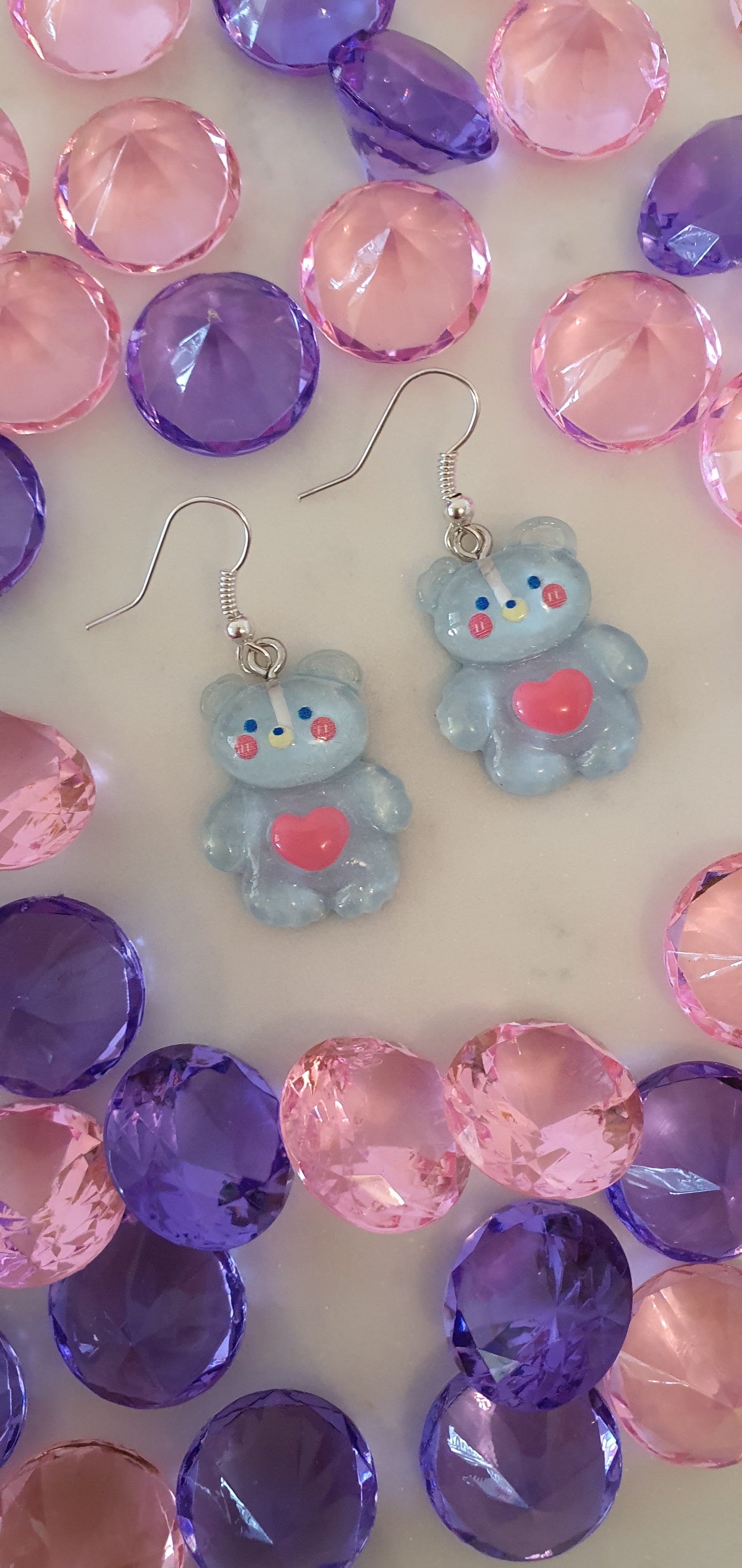 Kawaii Blue Heart Bear Set of Earrings