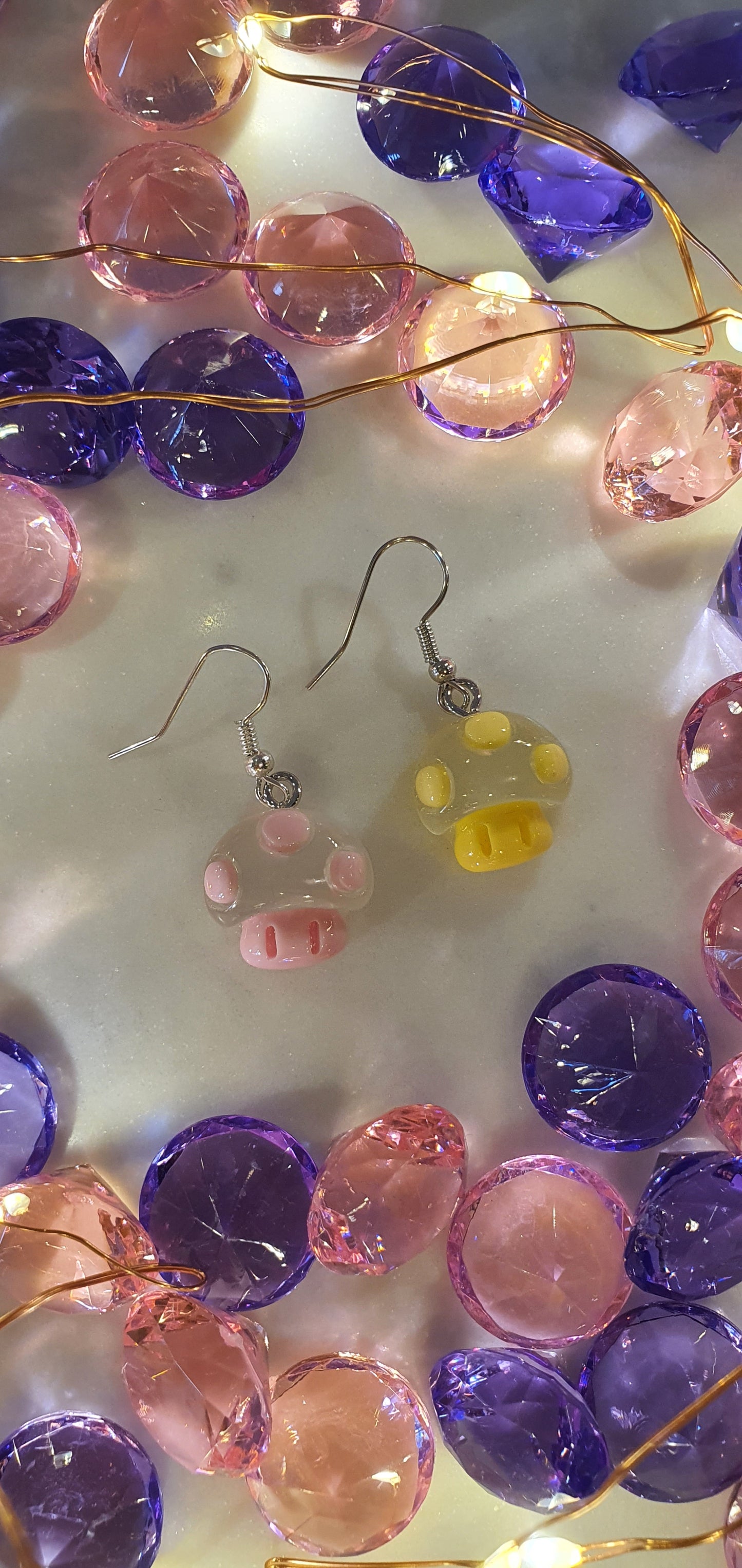 Super Cute Yellow & Pink Small Mushrooms Set of Earrings - Toadstools