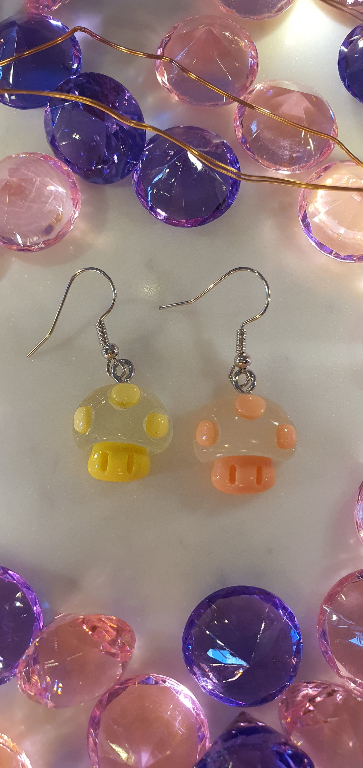 Super Cute Yellow & Peach Small Mushrooms Set of Earrings - Toadstools