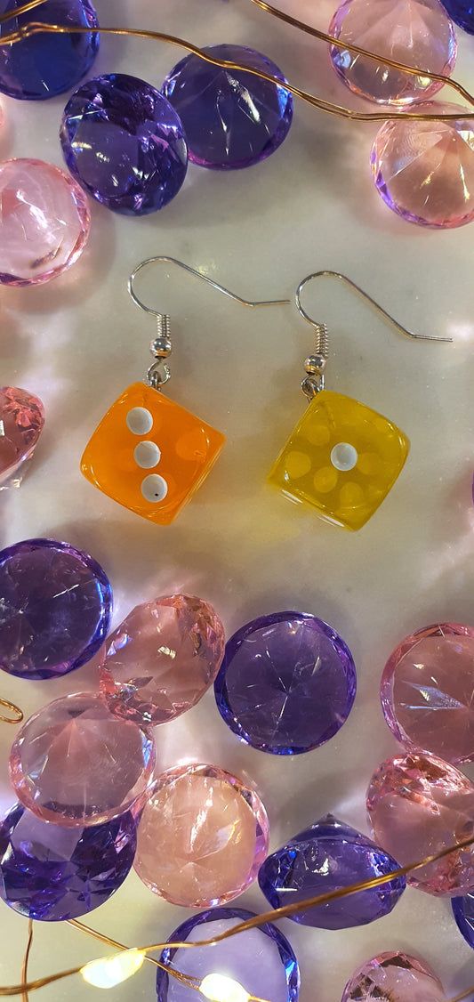 Roll Of A Dice - Yellow & Orange 6 Sided Set of Earrings