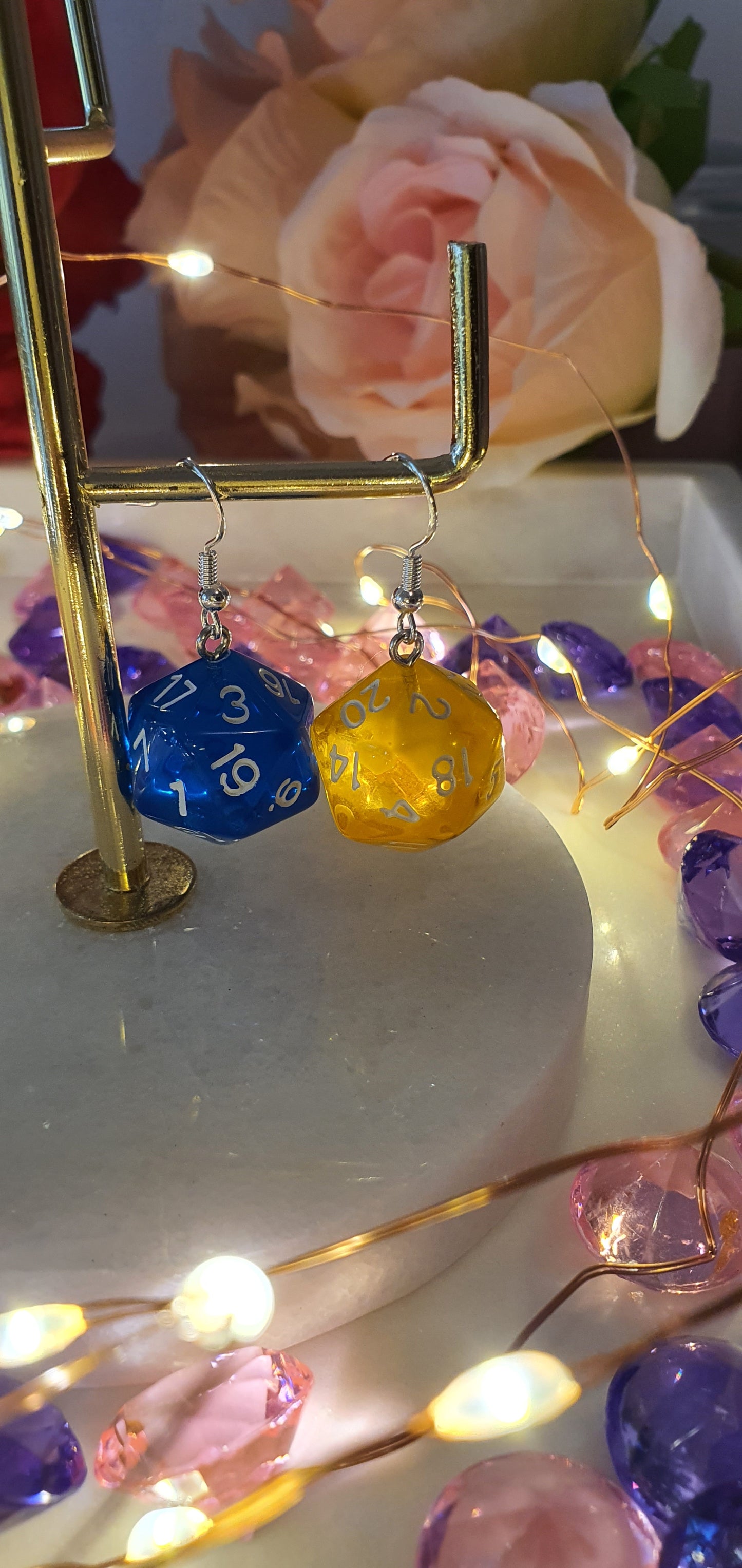 DnD Style Polyhedron Dice - Blue & Yellow Set of Earrings - Dungeons & Dragons