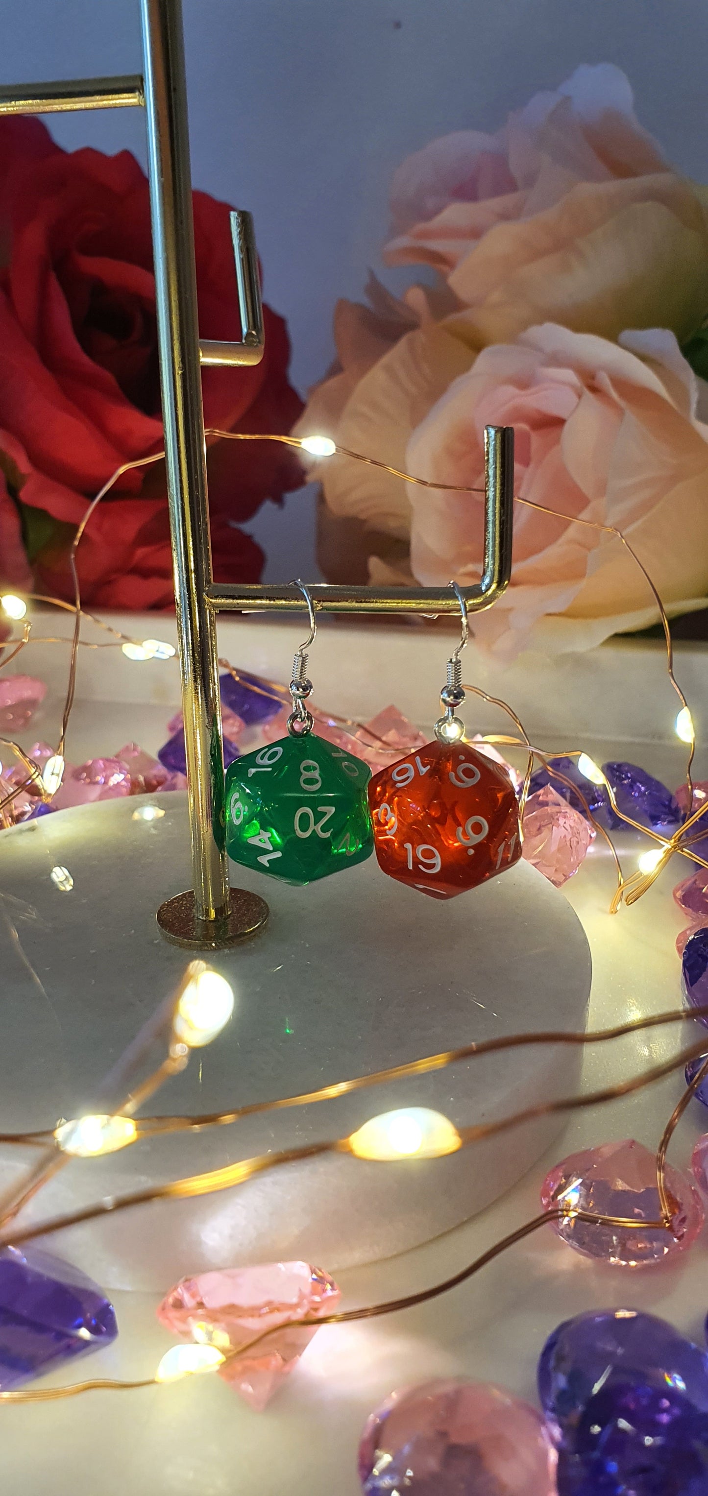 DnD Style Polyhedron Dice - Green & Red Set of Earrings - Dungeons & Dragons