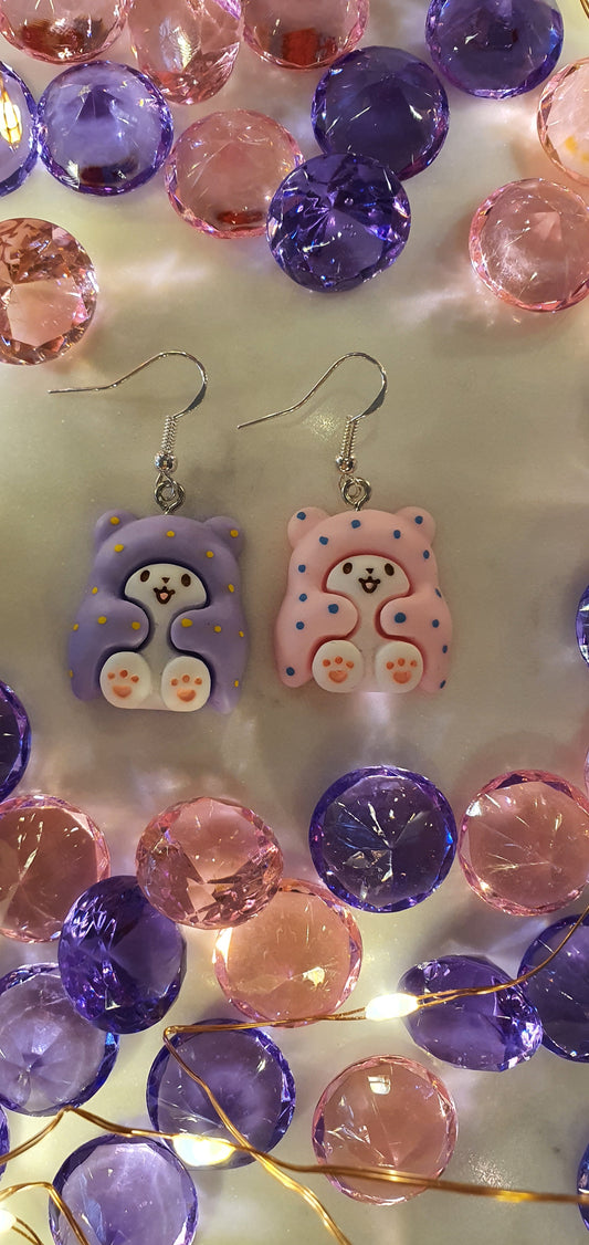 Fluffy Bear in Pink & Purple Oodies Set of Earrings