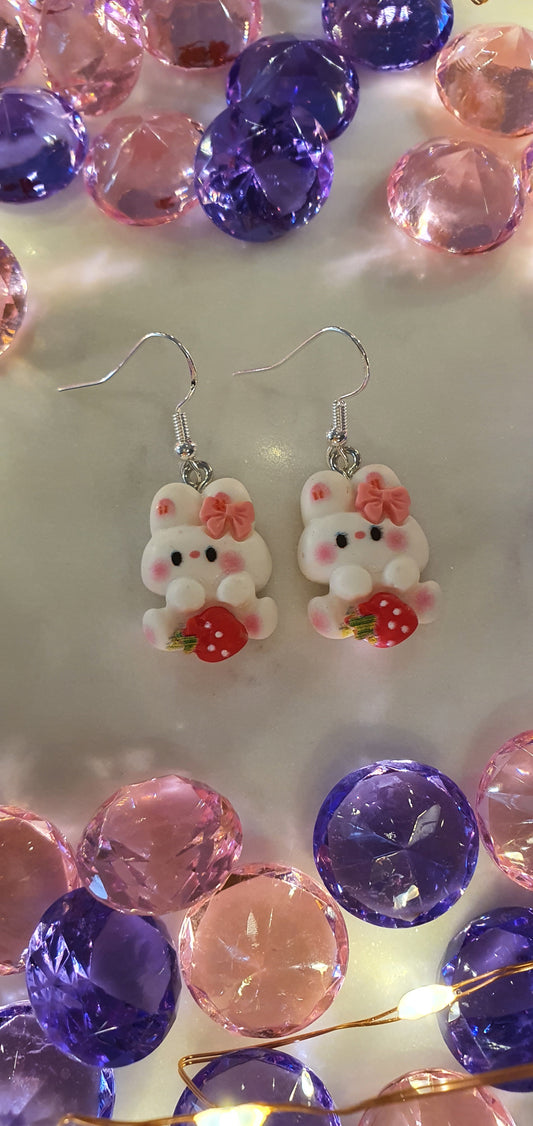 Strawberry Bunny Pink Bow Rabbit Set of Earrings