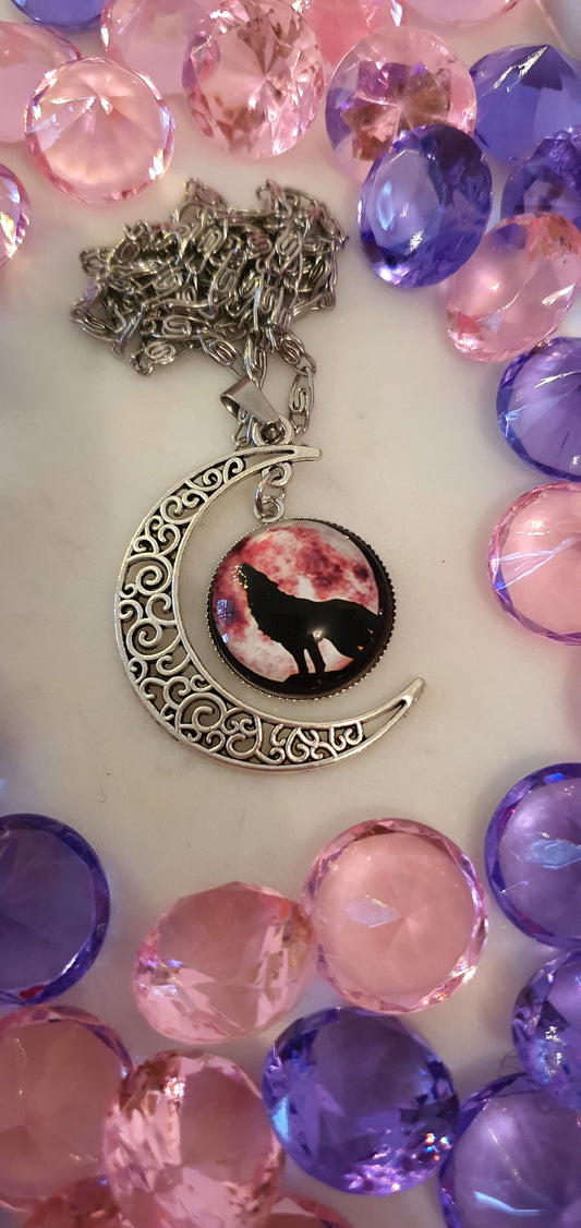 Wolf - Blood Moon Howling Crescent Cabachon Necklace