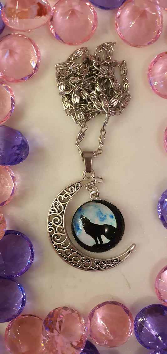 Wolf - Winter Moon Howling Crescent Cabachon Necklace