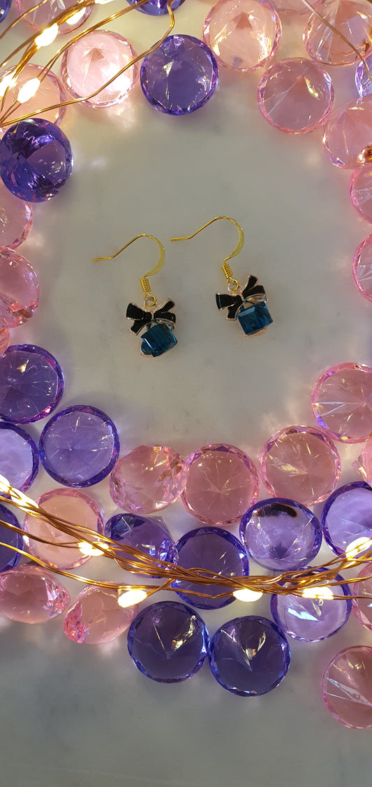 Stylish Bling Gold & Blue Square Present Earrings