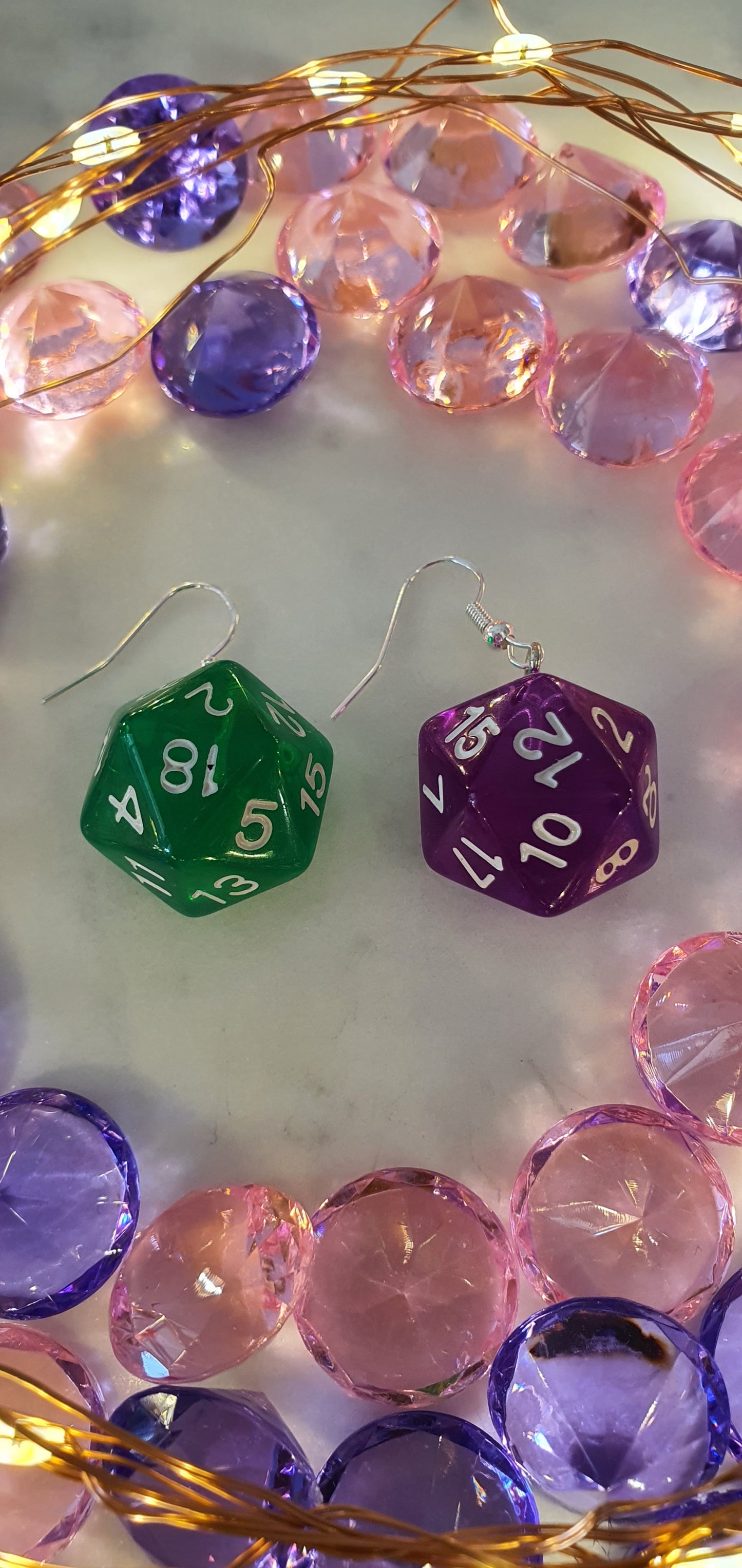 DnD Style Polyhedron Dice - Green & Purple Set of Earrings - Dungeons & Dragons