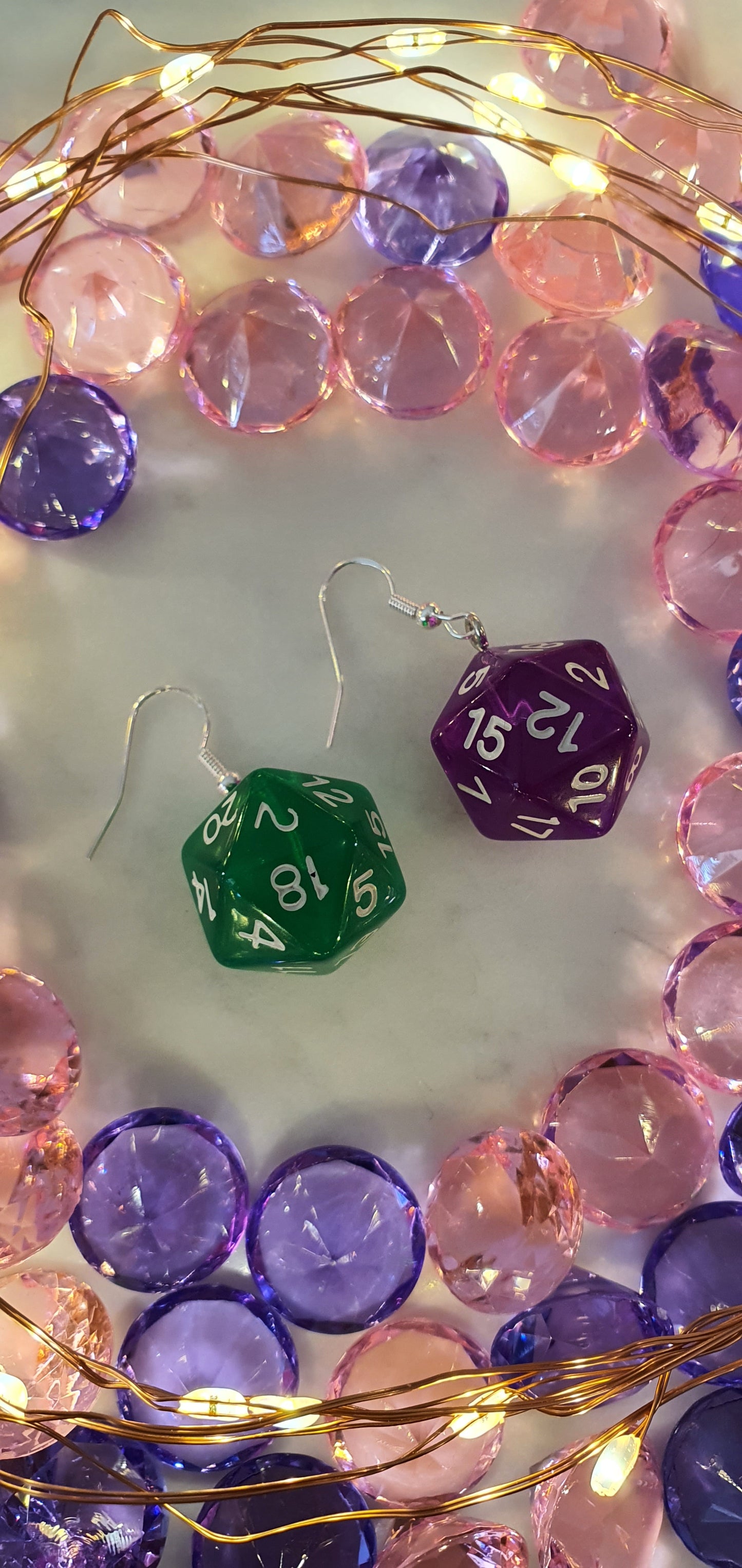 DnD Style Polyhedron Dice - Green & Purple Set of Earrings - Dungeons & Dragons