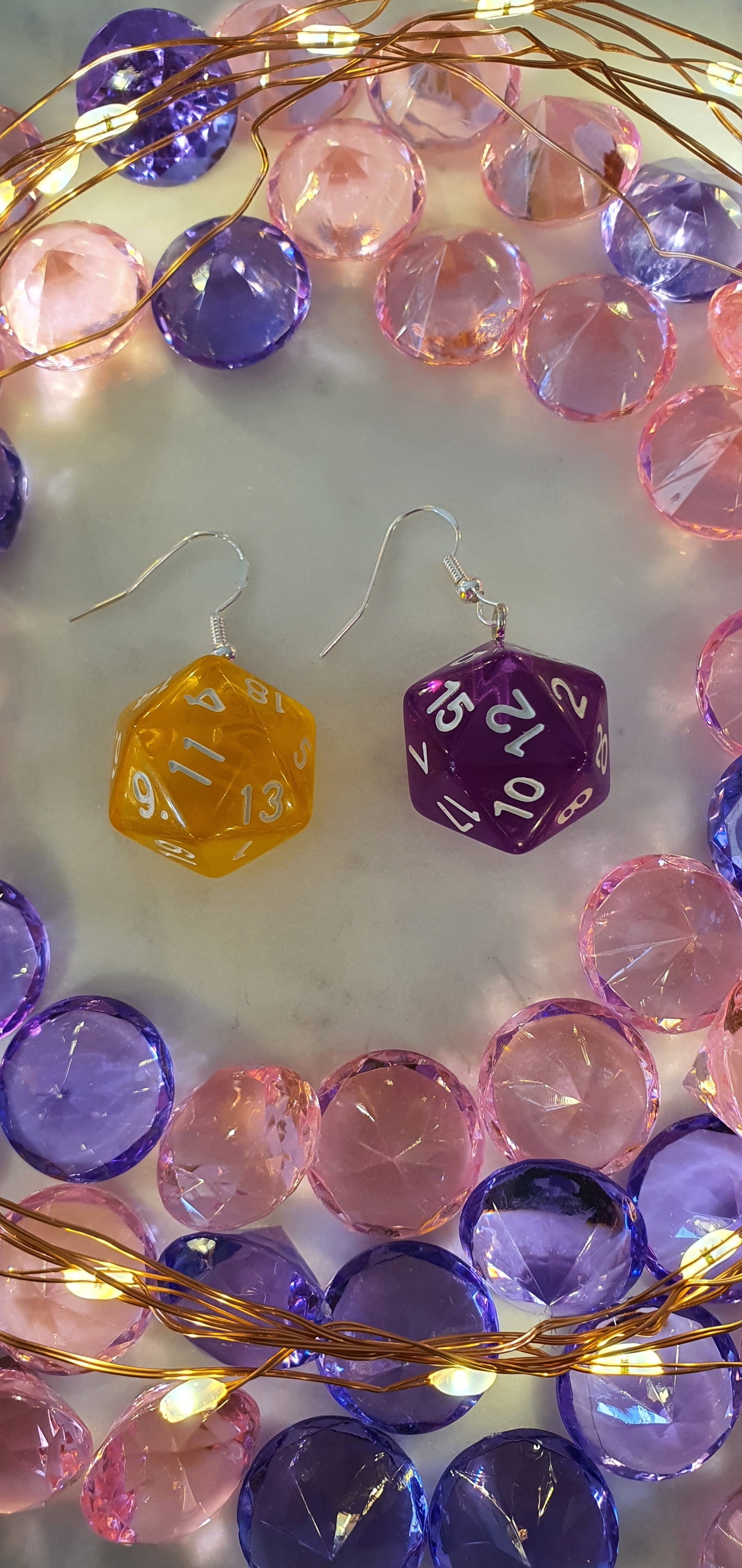 DnD Style Polyhedron Dice - Yellow & Purple Set of Earrings - Dungeons & Dragons