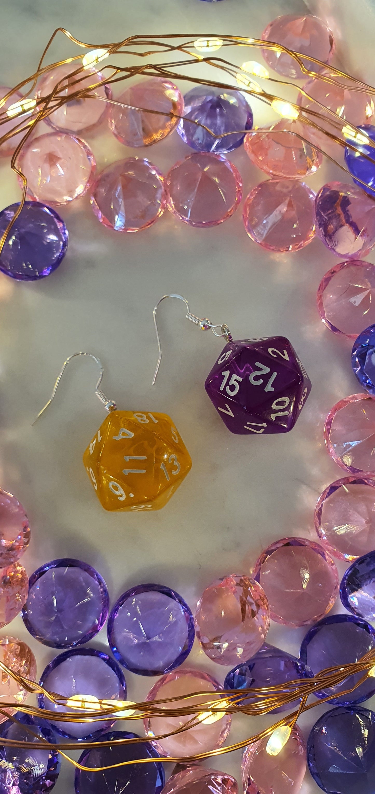 DnD Style Polyhedron Dice - Yellow & Purple Set of Earrings - Dungeons & Dragons