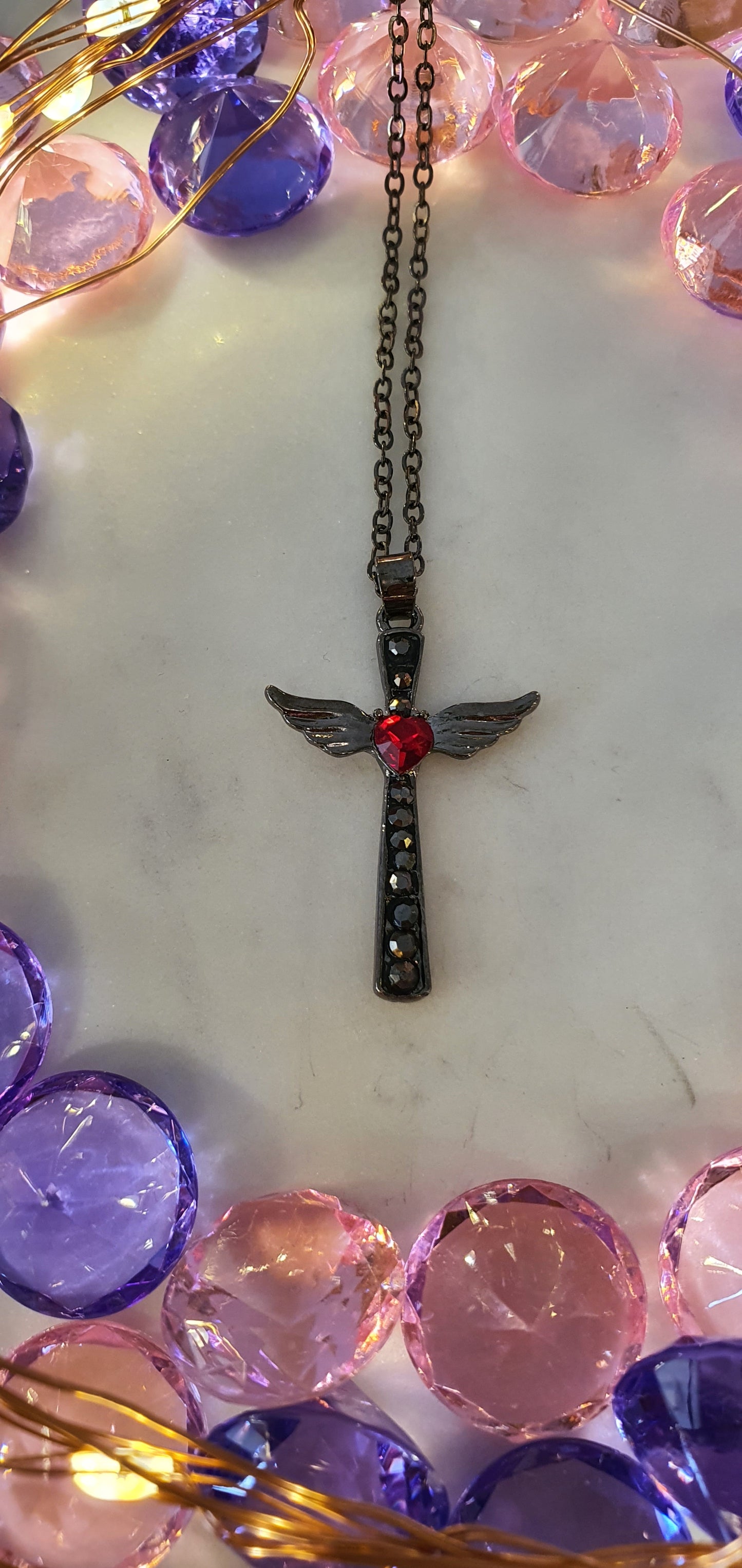 Goth Punk - Gunmetal Grey Cross with Jewels Necklace - Gothic Style