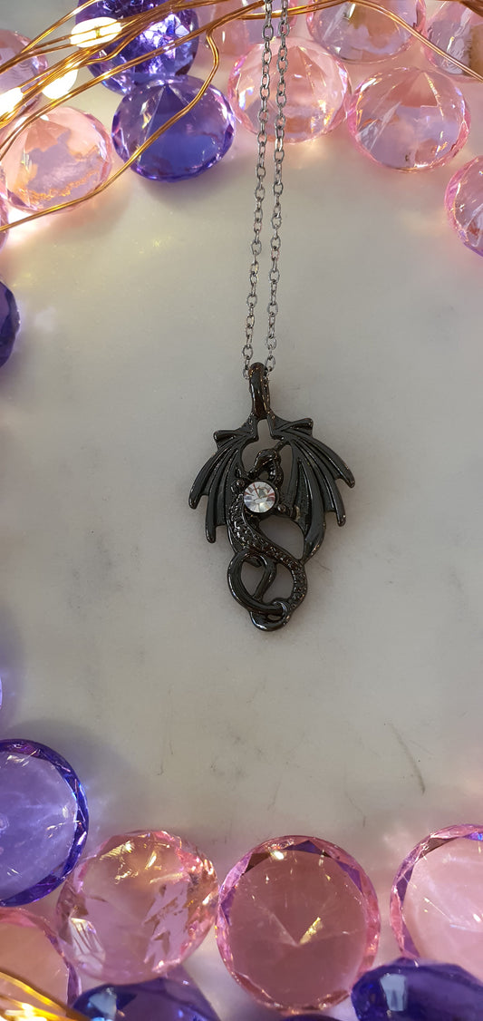 Goth Punk - Gunmetal Grey Dragon with Jewel Necklace - Gothic Style