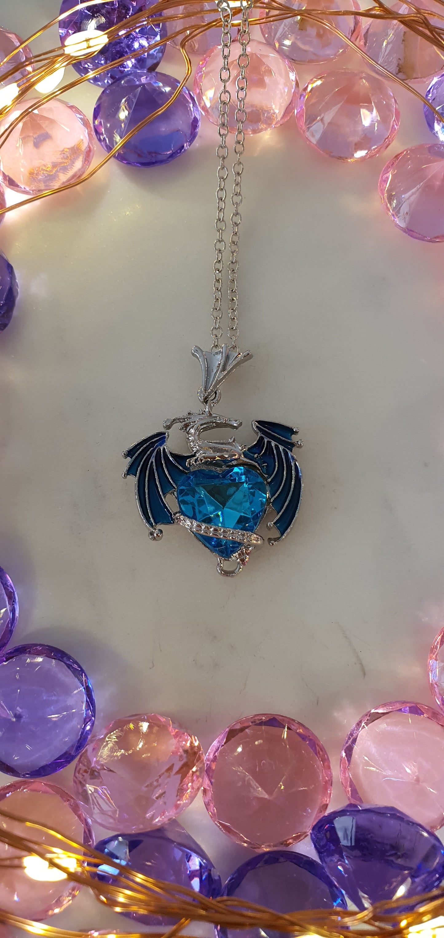 Dragon - Beautiful Blue Dragon & Its Heart Stone Necklace