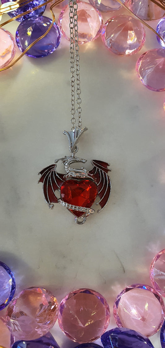 Dragon - Beautiful Red Dragon & Its Heart Stone Necklace