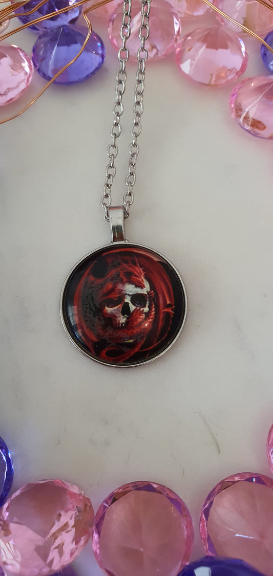 Dragon - Fire Dragon & Skull Cabachon Necklace