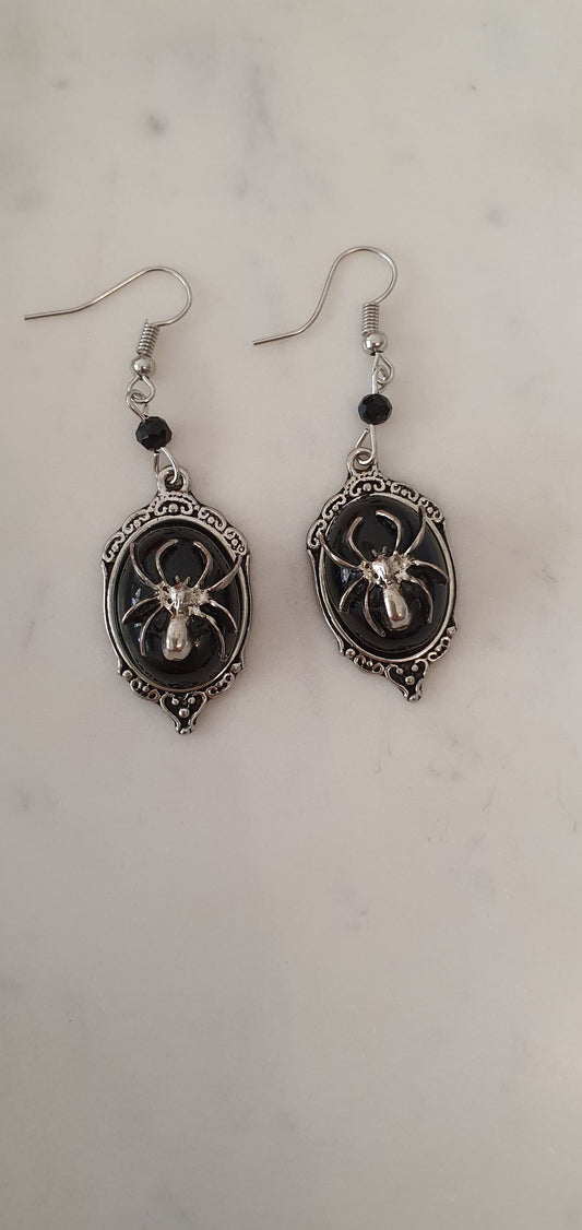 Goth Punk - Silver Spiders on Black Cameos Set of Earrings - Trendy Gothic