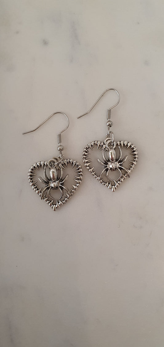 Goth Punk - Silver Spiders on Silver Hearts Set of Earrings - Trendy Gothic