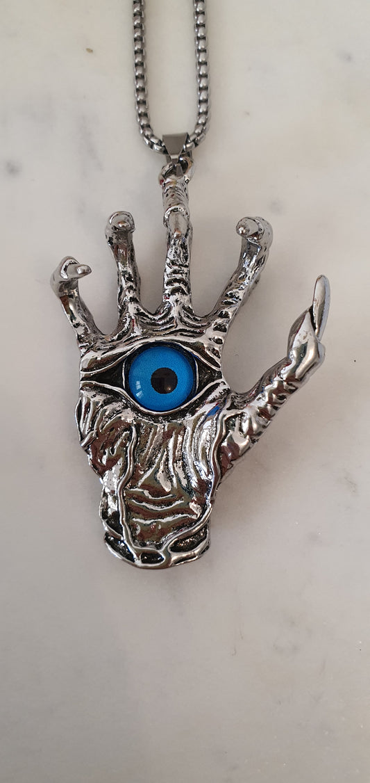 Goth Punk - Blue Eyed Demon Skeleton Hand Necklace