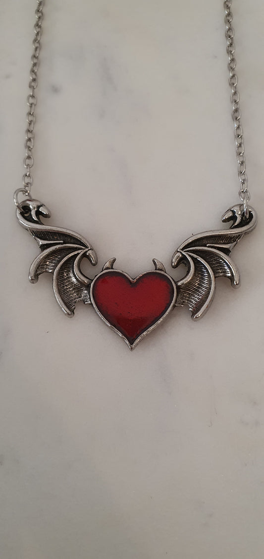 Goth Punk - Intricate Wings & Red Heart Necklace