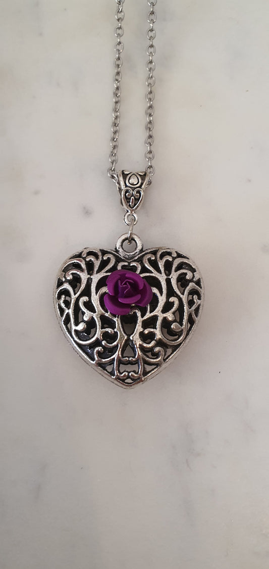 Goth Punk - Silver Filigree Heart & Purple Rose Necklace