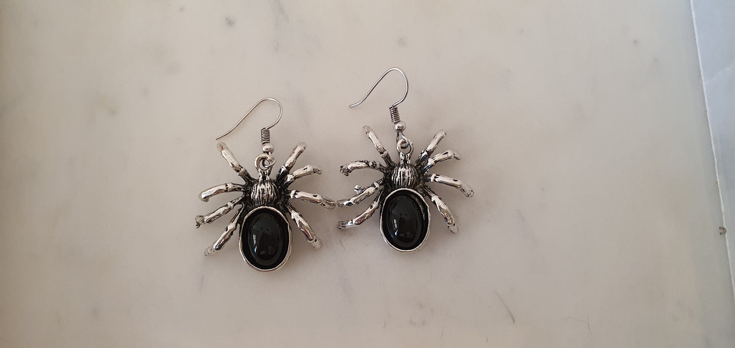 Goth Punk - Silver Spiders with Black Jewels Set of Earrings - Trendy Gothic