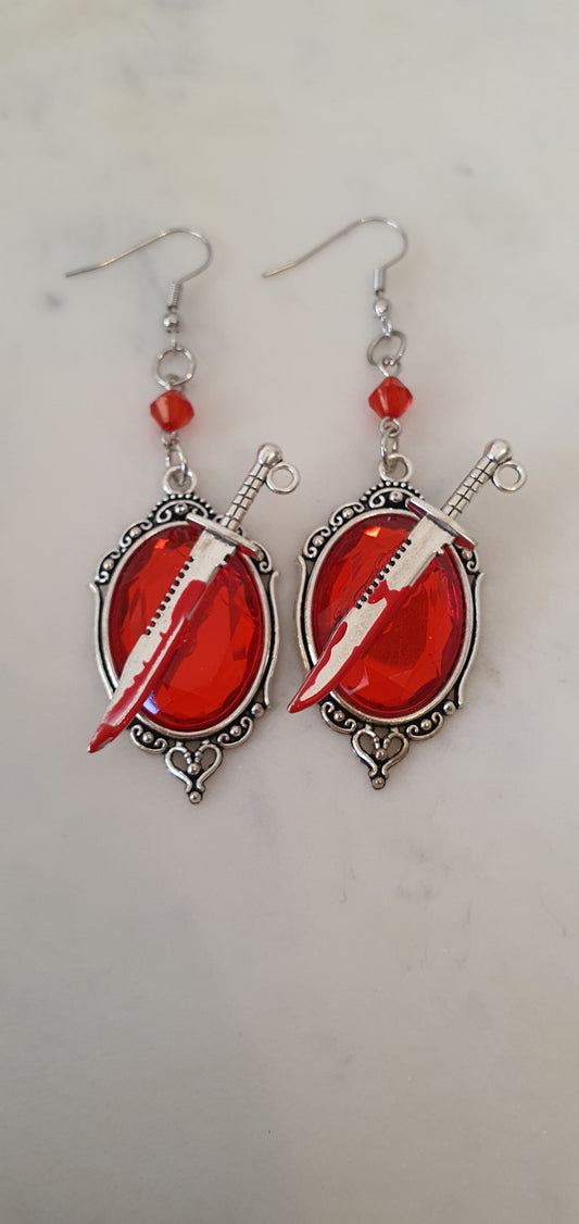 Goth Punk - Bloody Knives on Red Cameos Set of Earrings - Trendy Gothic