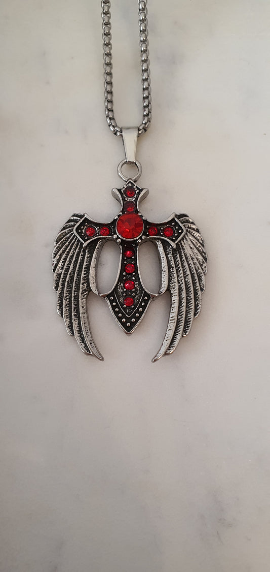 Goth Punk - Intricate Silver Wings & Red Cross Necklace