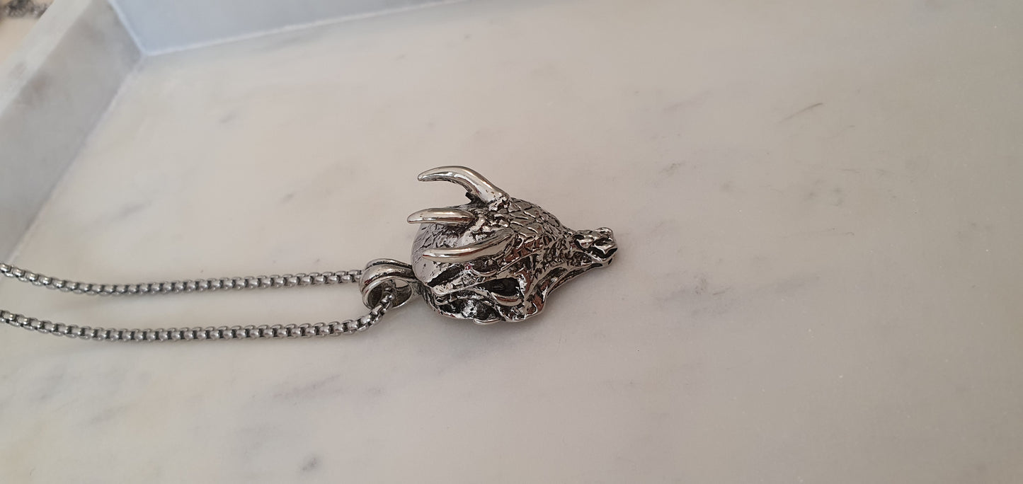 Dragon - Detailed Horned Dragon Head Necklace