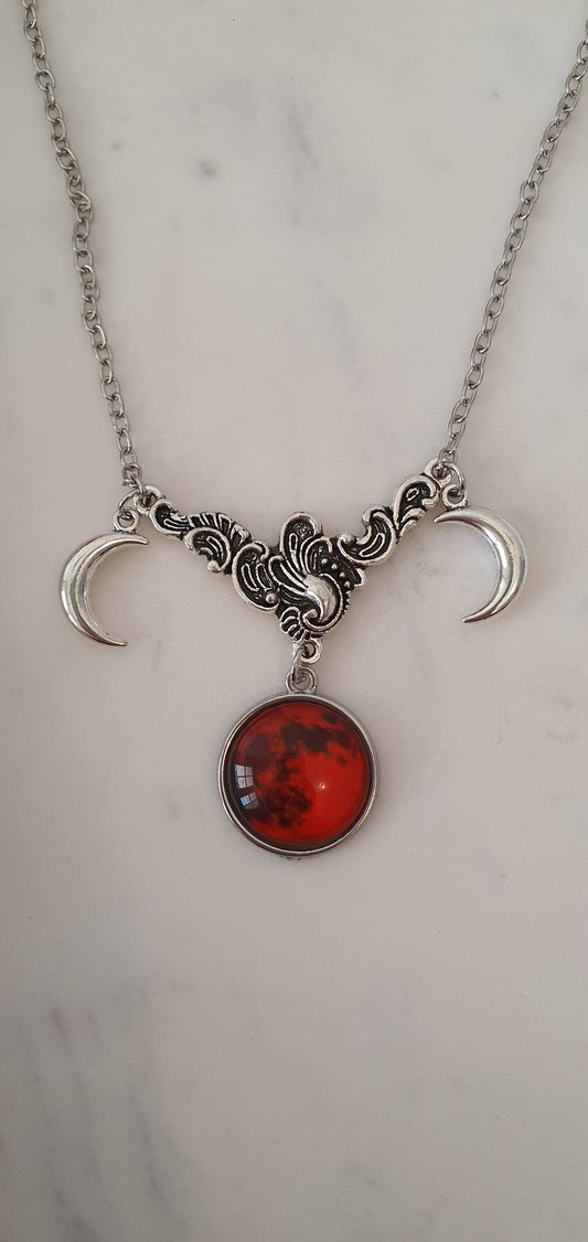 Goth Punk - Blood Red Moon & Silver Stars Necklace