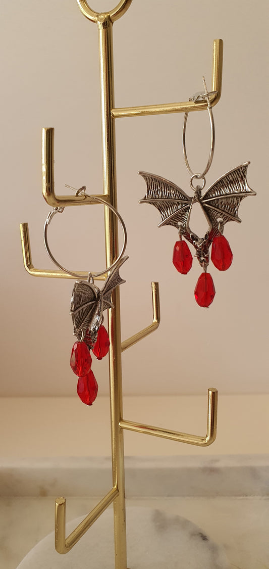 Goth Punk - Jewelled Bat Wing Hoops Set of Earrings - Trendy Gothic