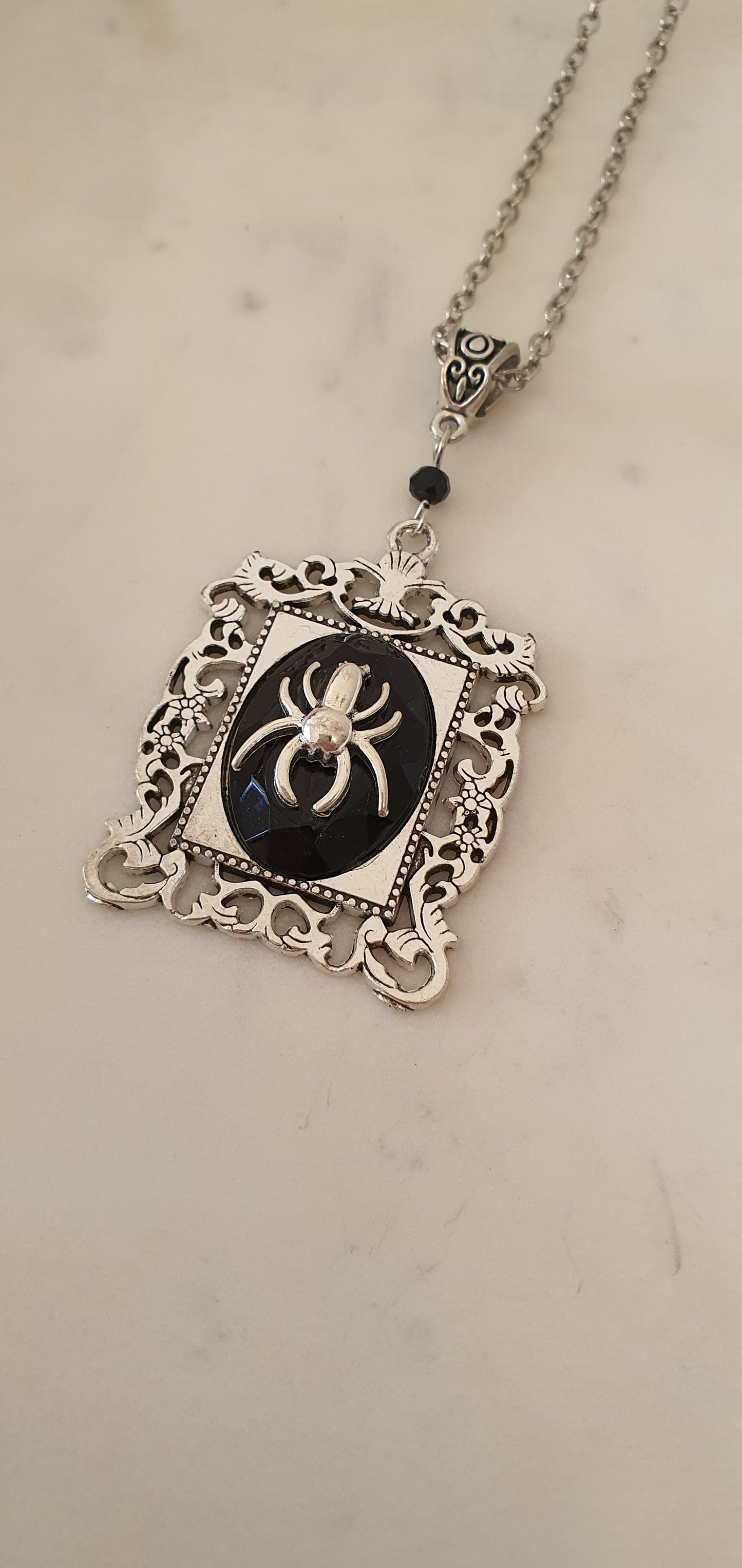 Goth Punk - Sliver Spider On Square Cameo Necklace - Gothic Trendy