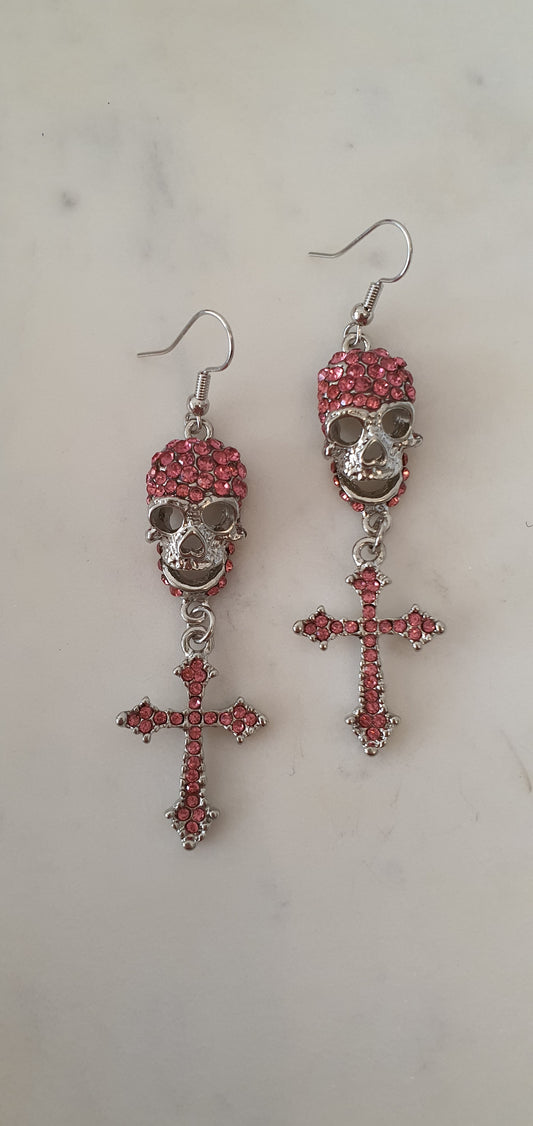 Goth Punk - Jewelled Cross & Skull Set of Earrings - Trendy Gothic