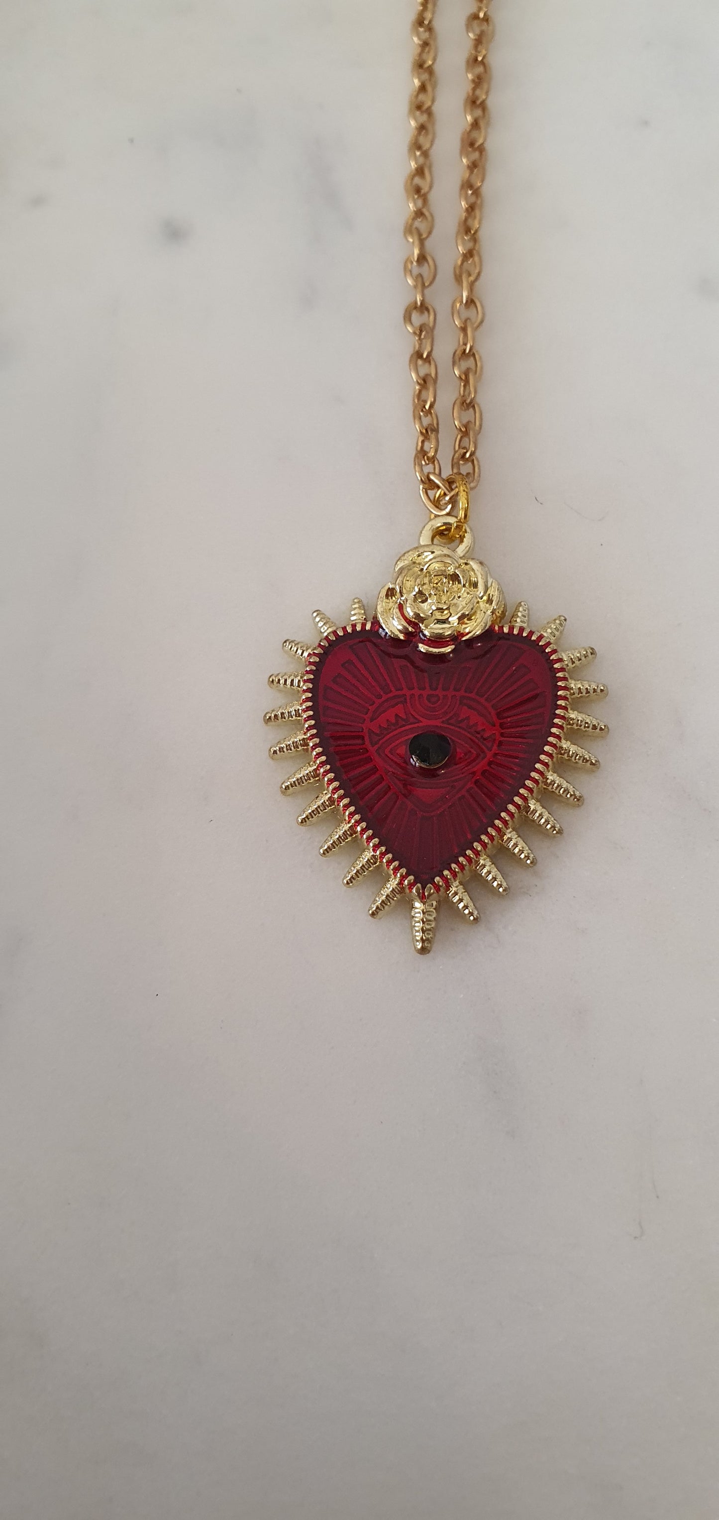 Goth Punk -Gold & Red Sacred Heart Style Necklace