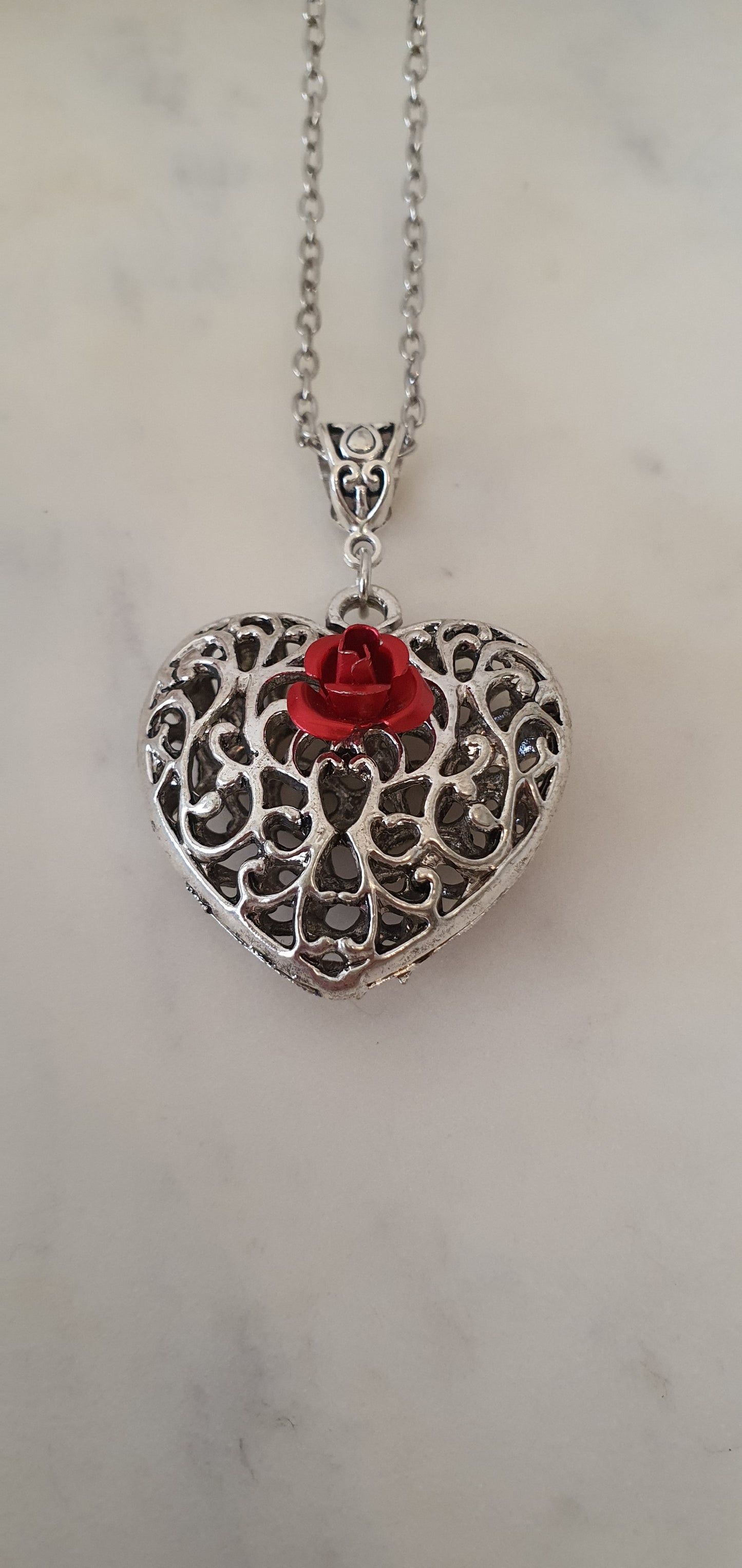 Goth Punk - Silver Filigree Heart & Red Rose Necklace