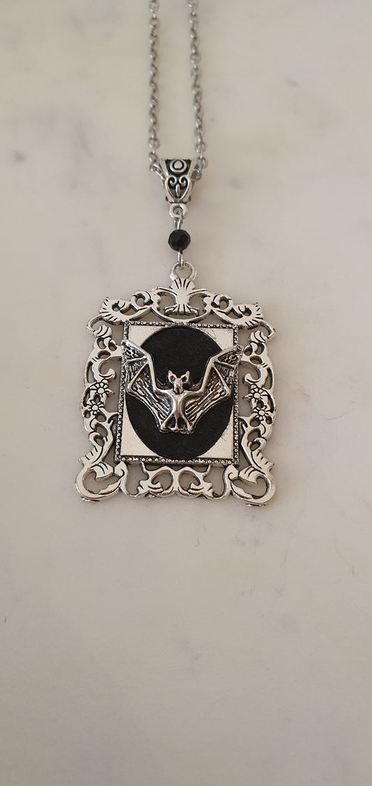 Goth Punk - Intricate Bat Square Cameo Necklace - Gothic Style