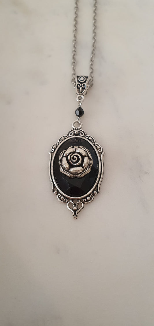 Goth Punk - Filigree Rose On Black Cameo Necklace - Gothic Trendy