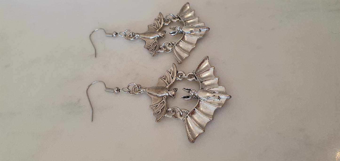 Goth Punk - Double Silver Bat Set of Earrings - Trendy Gothic