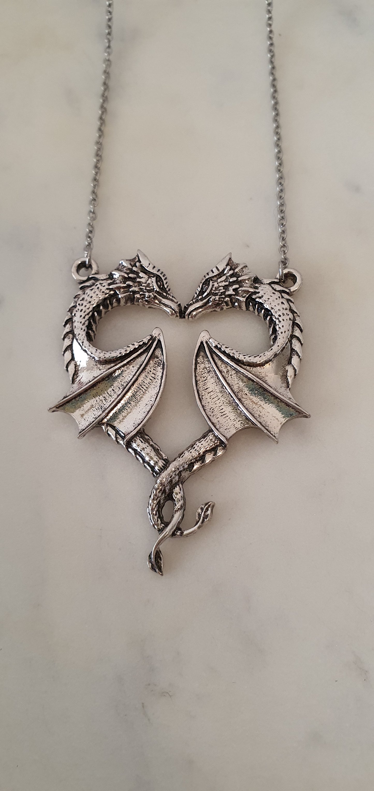 Dragon - Beautiful Twin Dragon Heart Silver Necklace