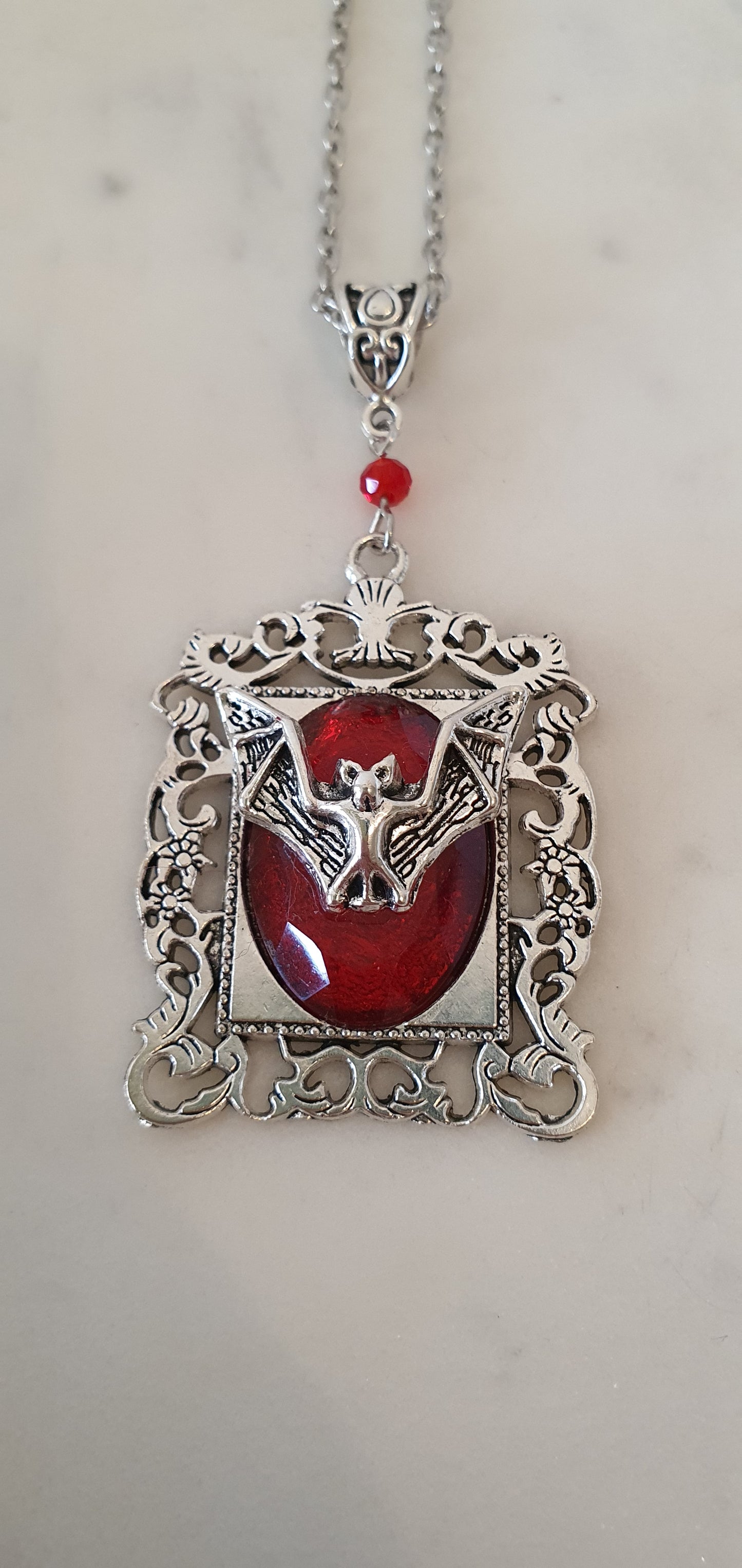 Goth Punk - Intricate Bat Red Square Cameo Necklace - Gothic Style