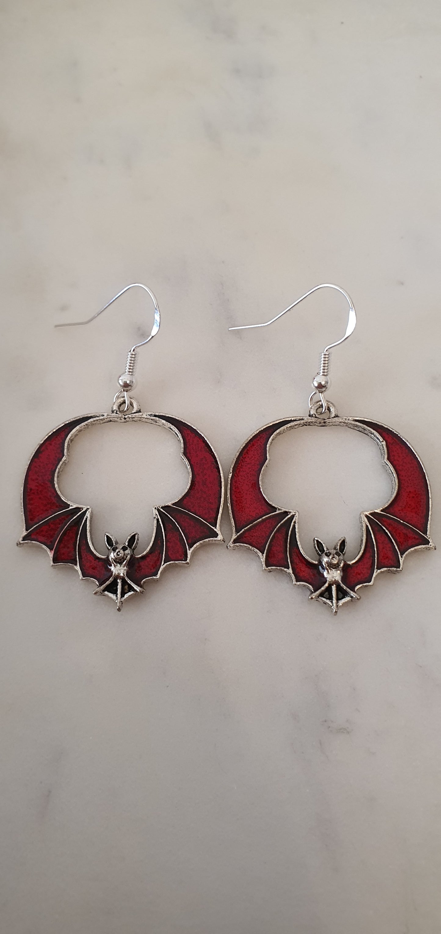 Goth Punk - Bat Silver & Red Wide Wings Set of Earrings - Trendy Gothic