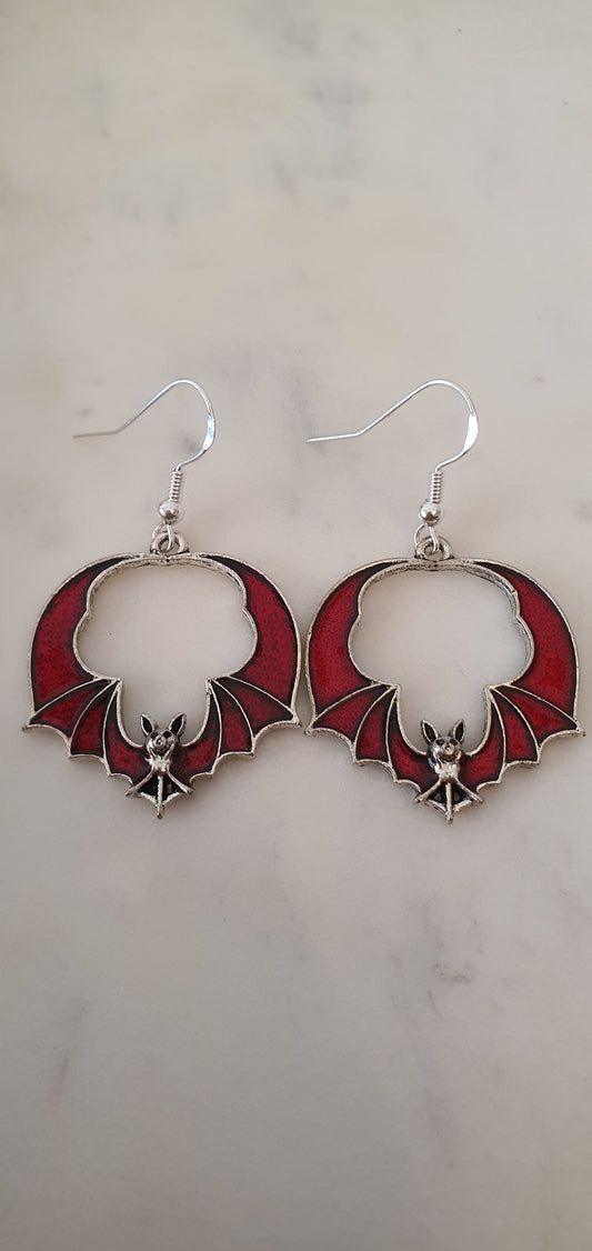 Goth Punk - Bat Silver & Red Wide Wings Set of Earrings - Trendy Gothic