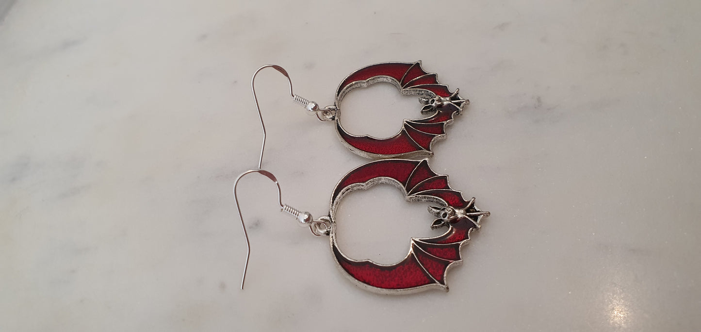 Goth Punk - Bat Silver & Red Wide Wings Set of Earrings - Trendy Gothic