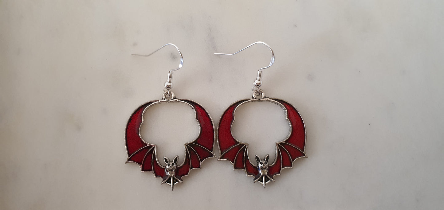 Goth Punk - Bat Silver & Red Wide Wings Set of Earrings - Trendy Gothic