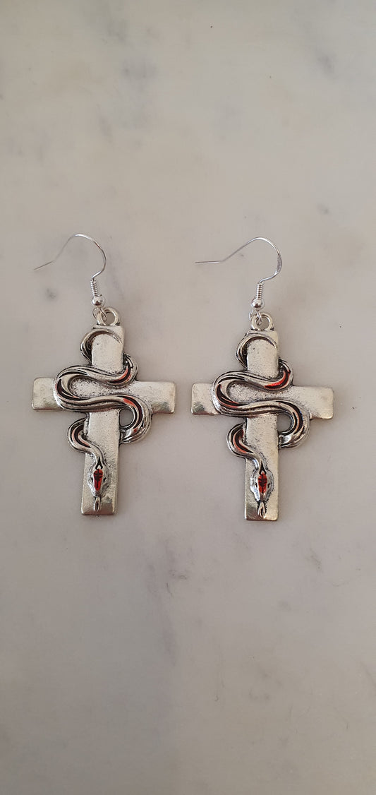 Goth Punk - Snake Silver & Red Set of Earrings - Trendy Gothic